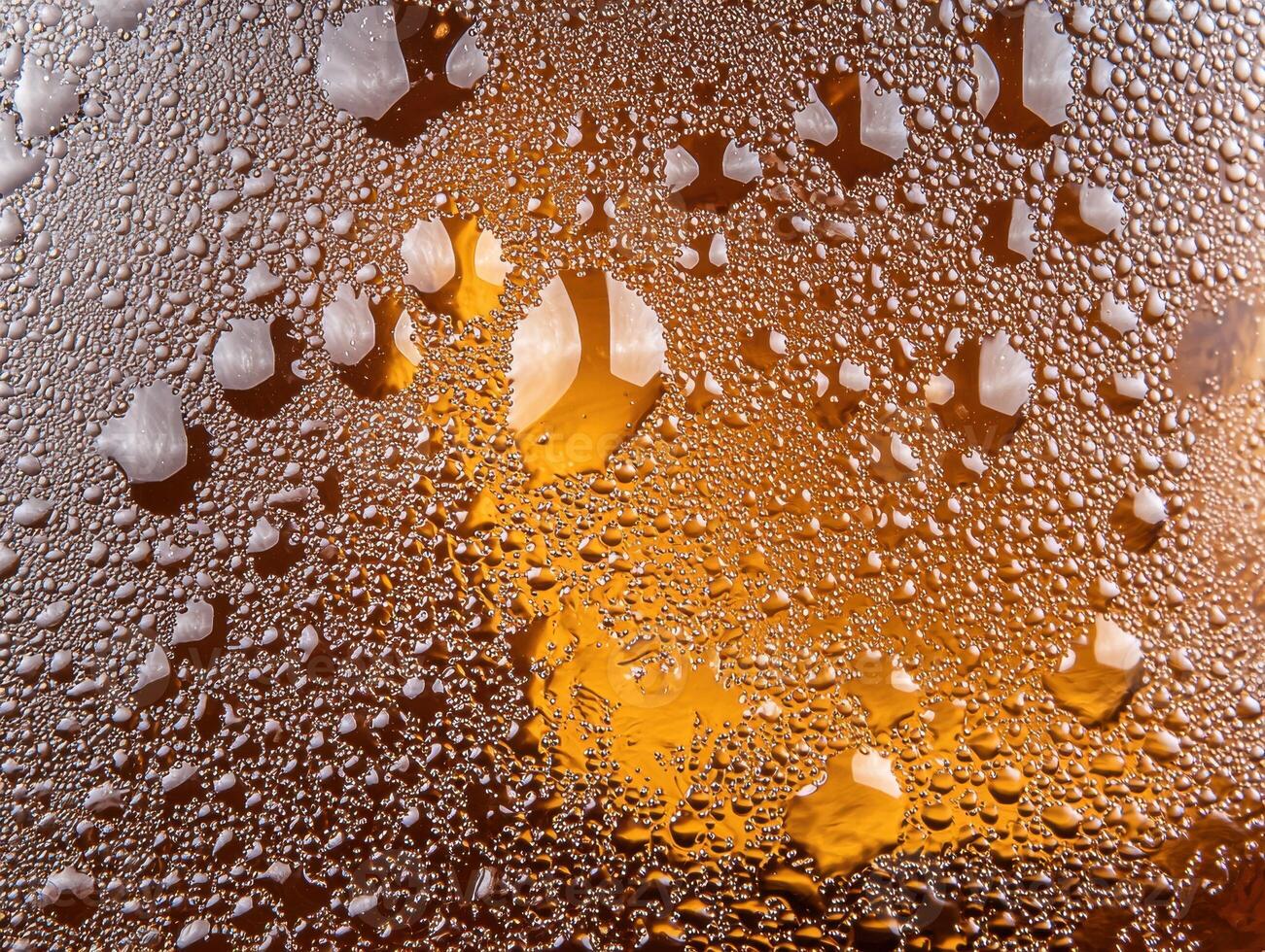 Sparkling water droplets on a golden surface photo