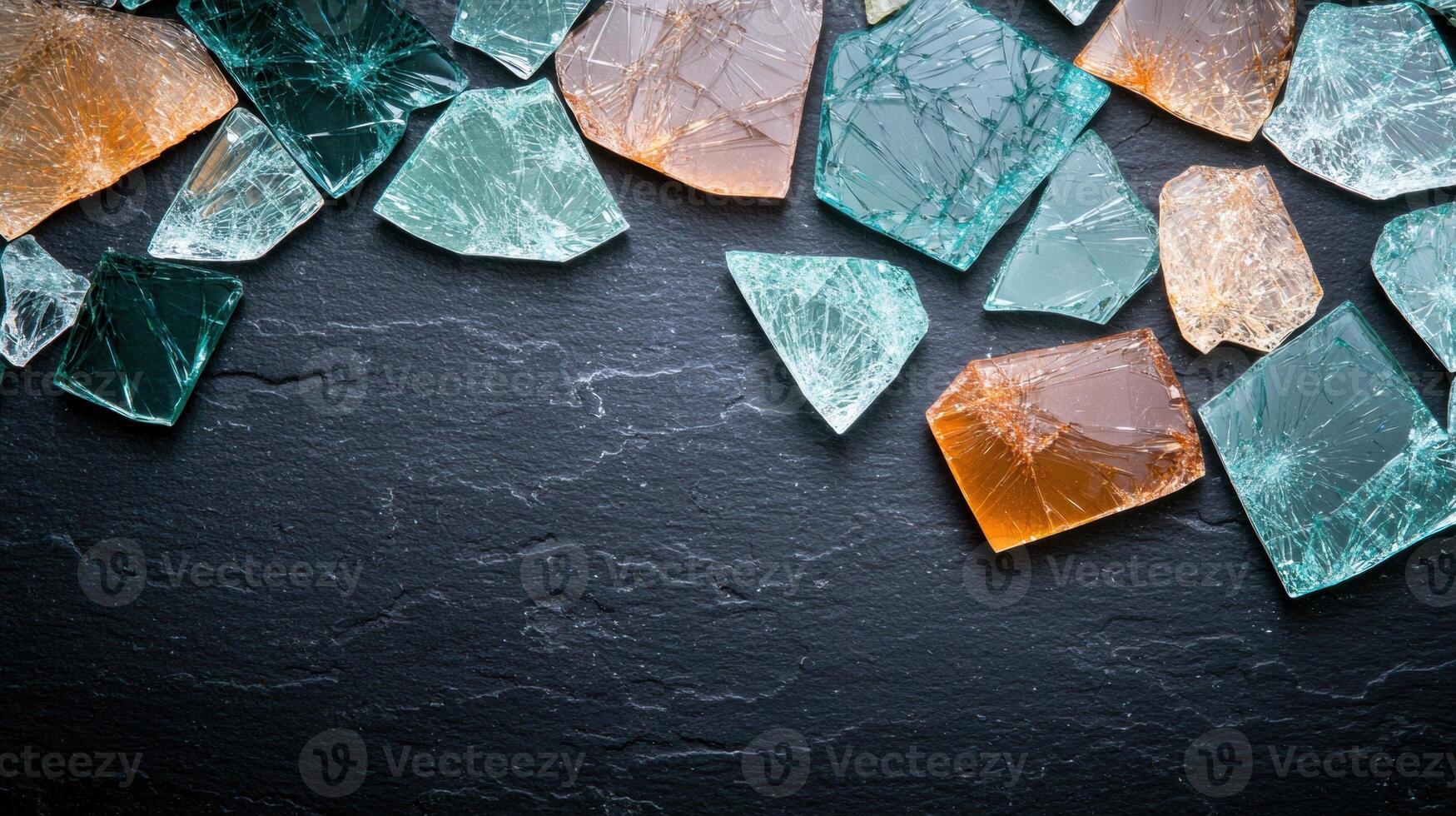 Shattered glass fragments on dark slate background photo