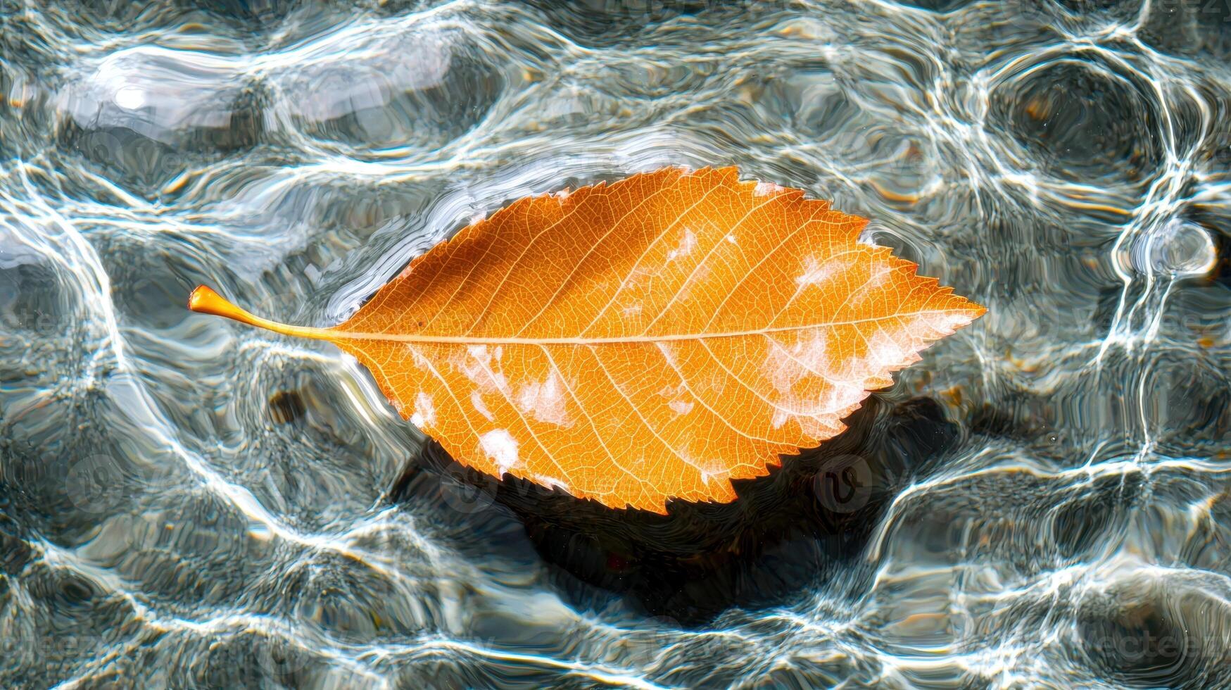 Vibrant autumn leaf floating in rippling water photo
