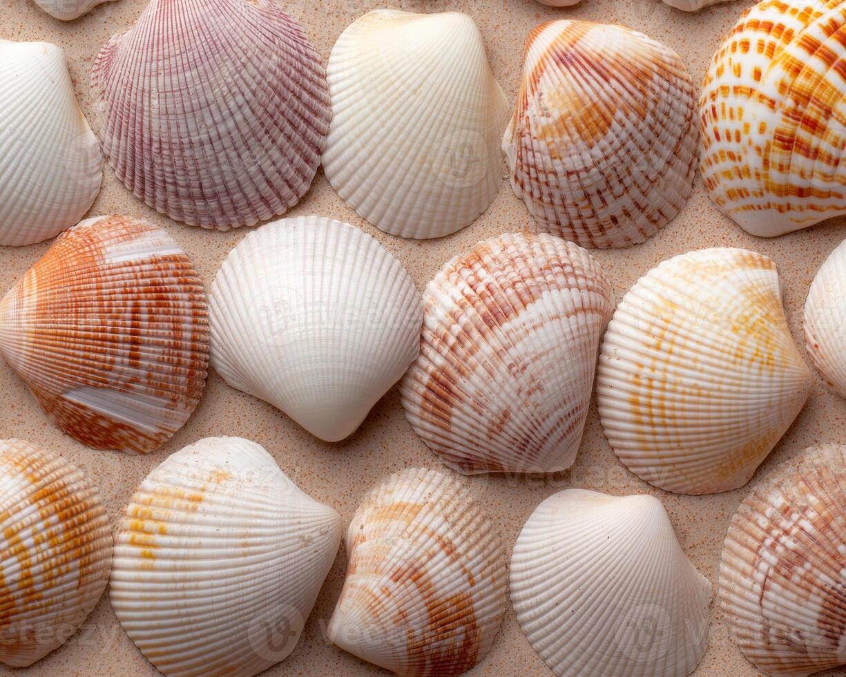 Assortment of colorful seashells on sandy beach photo