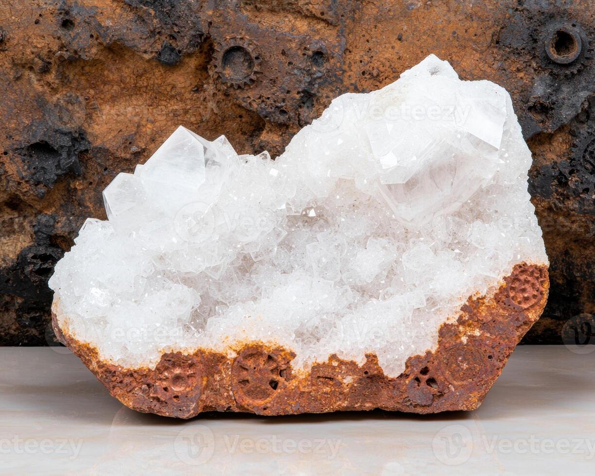 Closeup of a white quartz crystal cluster on a rusty metal surface photo