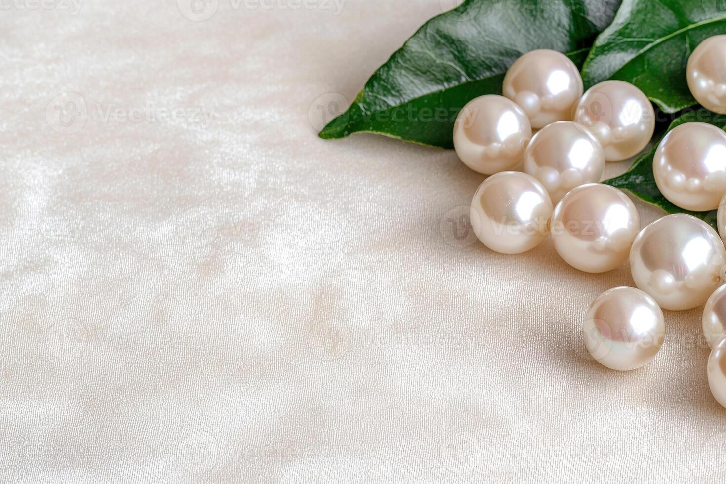 Elegant pearl jewelry on white fabric photo