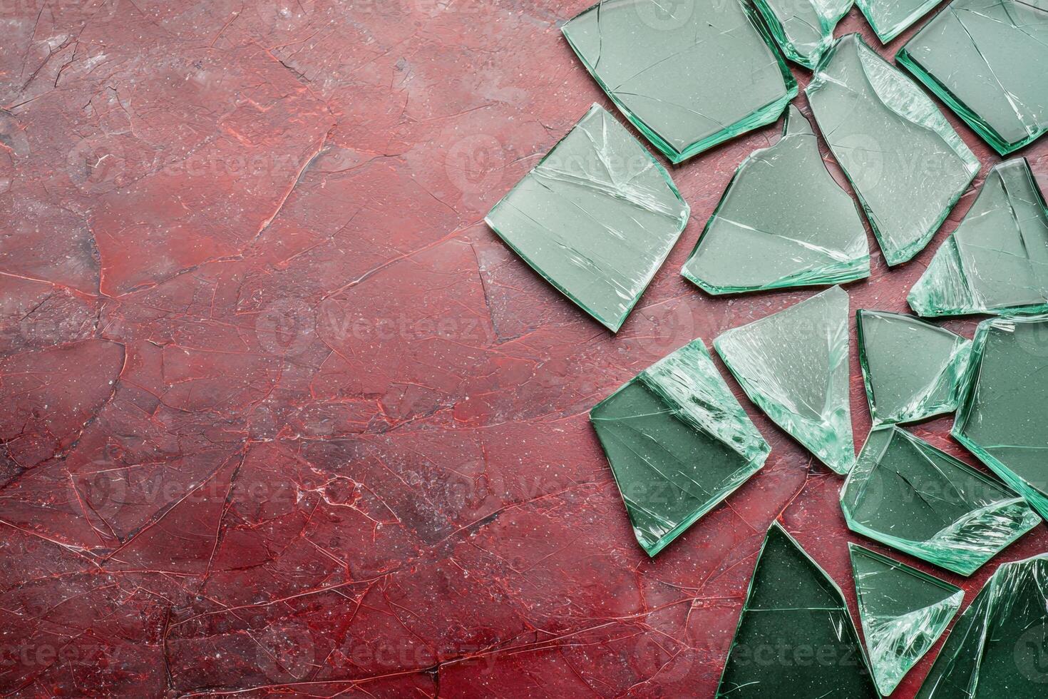 Broken glass shards on red marble background photo