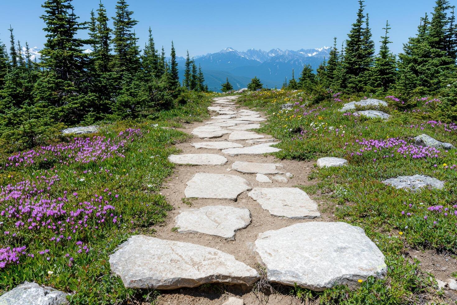 Scenic mountain trail through alpine meadow photo