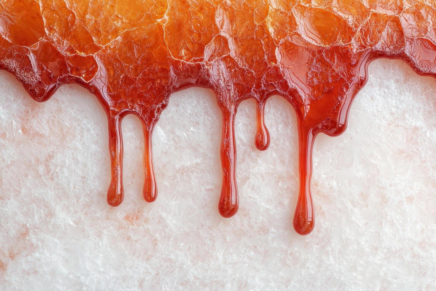 Dripping red honey or syrup on white background photo
