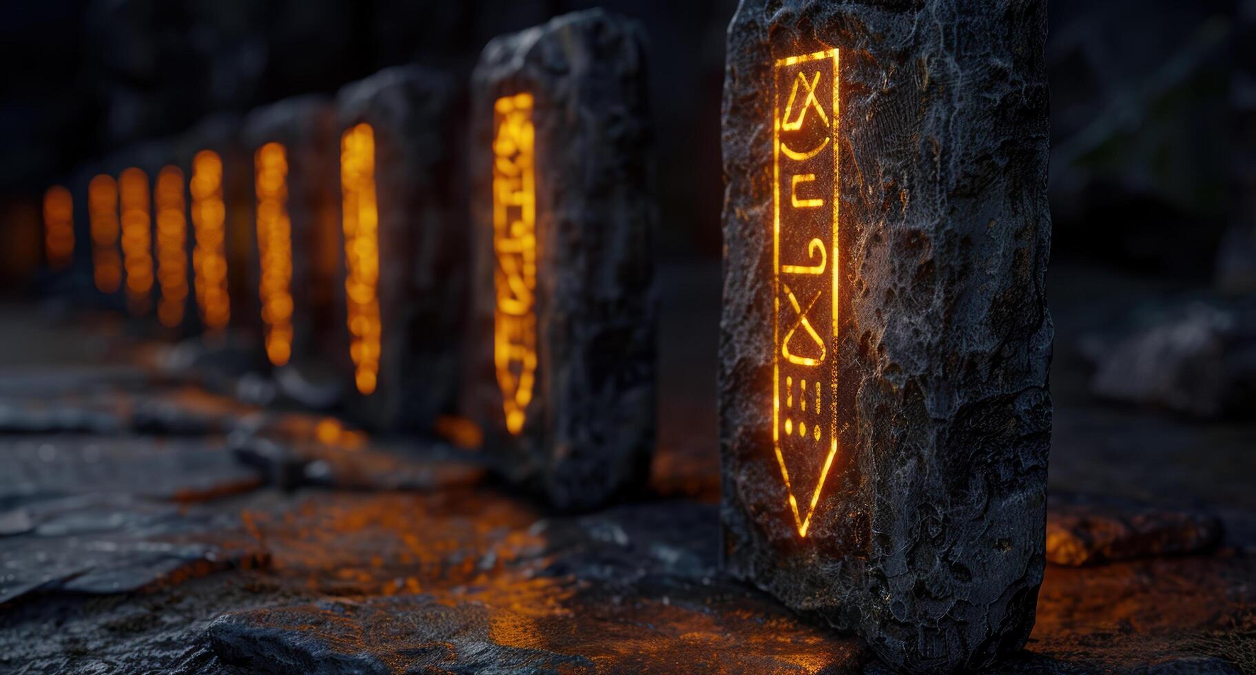 Mysterious glowing runes on ancient stone tablets photo