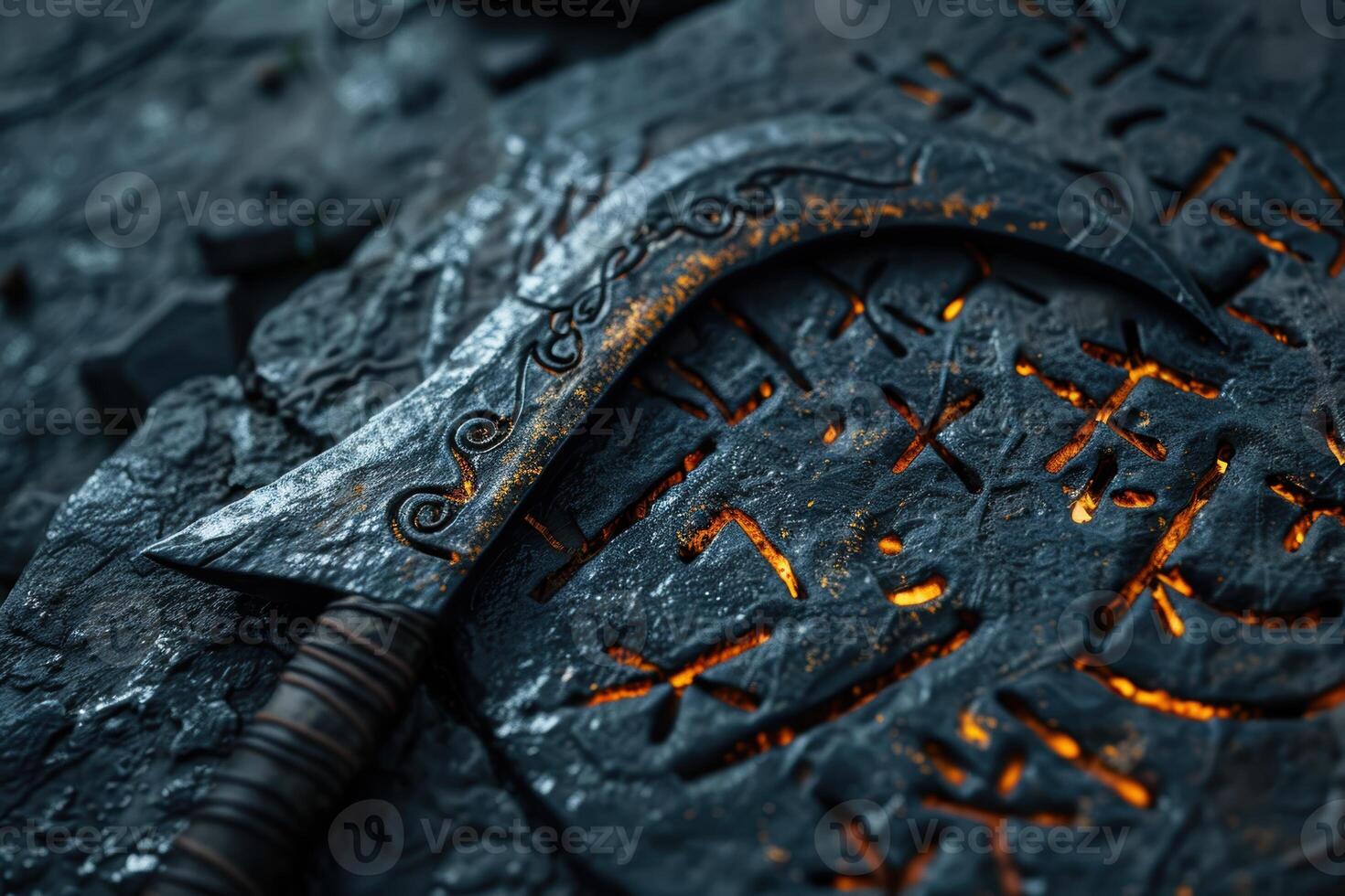 Mysterious ancient runes glowing in the dark photo
