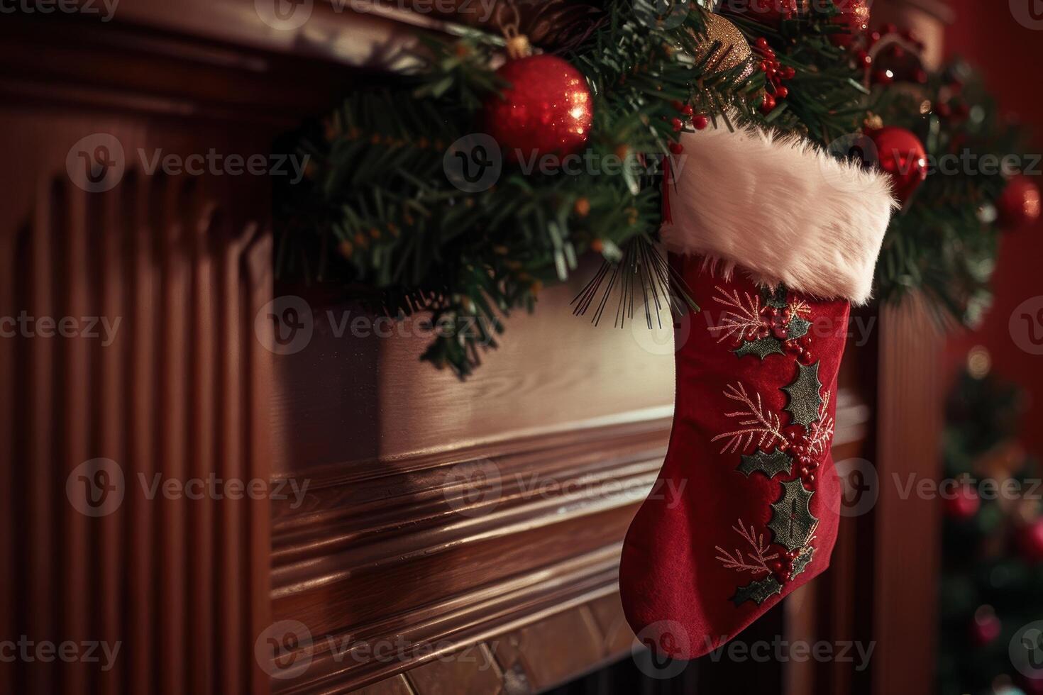 cozy christmas stocking hanging on fireplace photo