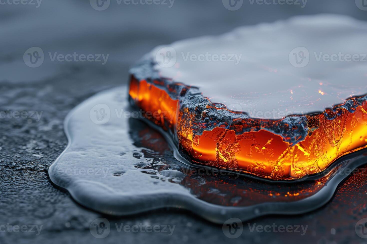 Molten lava flowing on dark rock surface photo