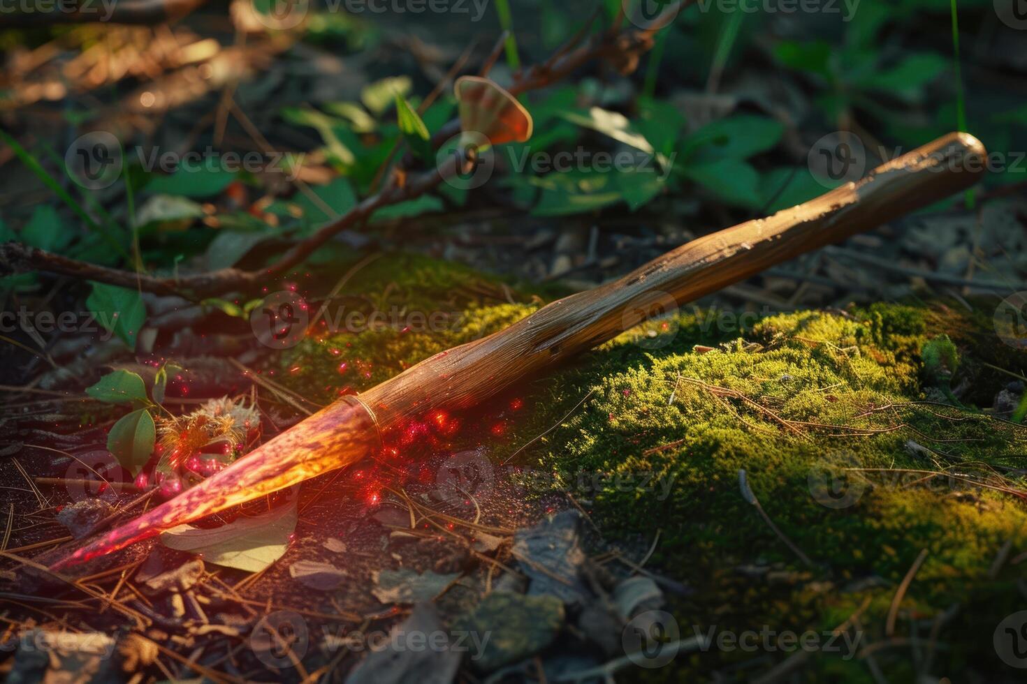 Magical forest floor with glowing mushroom and moss photo