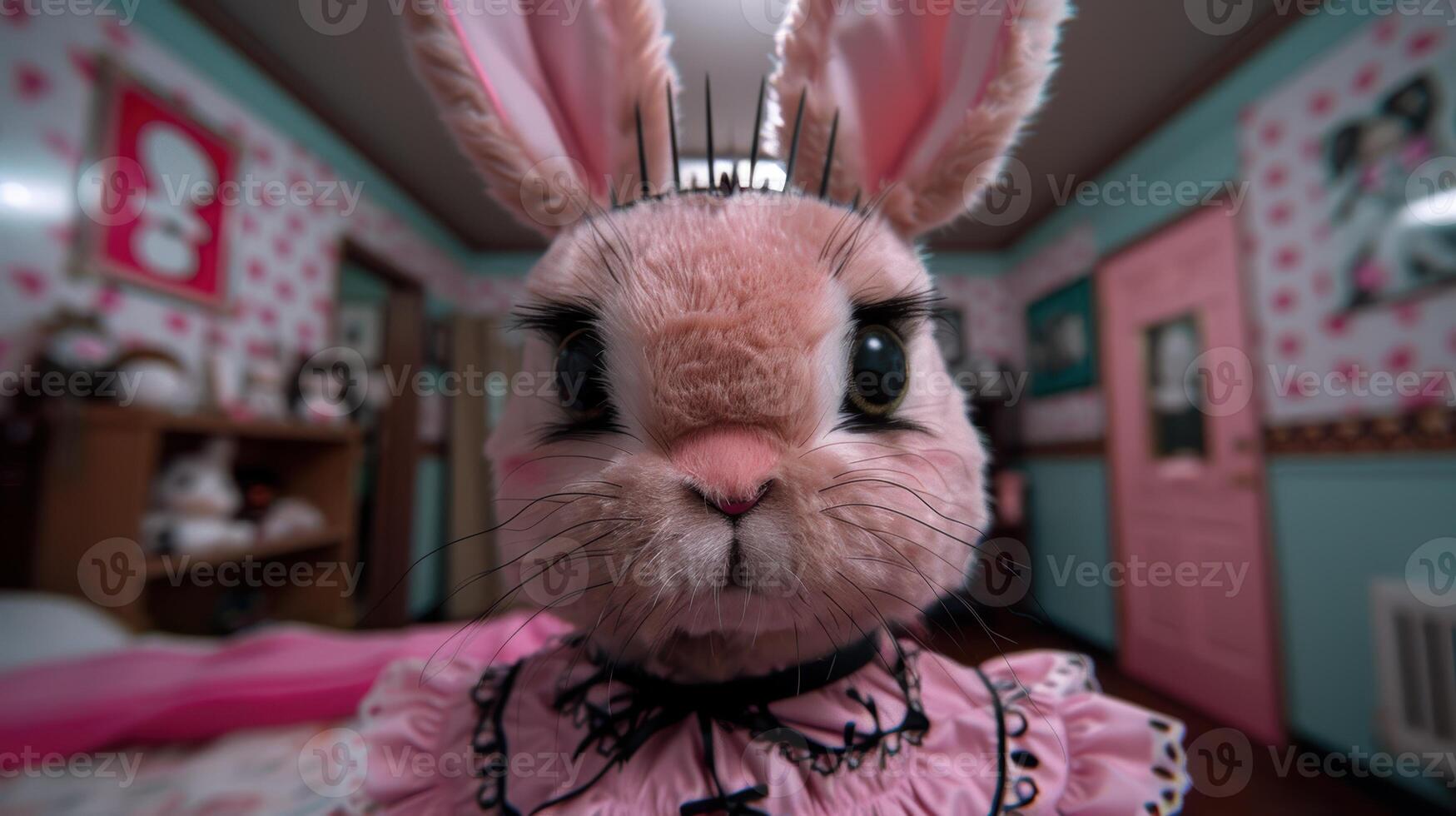 Closeup of a cute and fluffy pink bunny with big eyes and ears photo