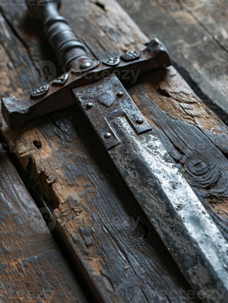 Rustic old wrench on weathered wooden surface photo