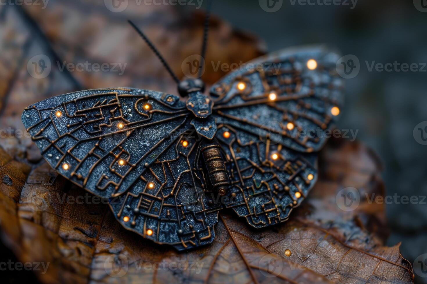 Intricate mechanical butterfly on autumn leaves photo