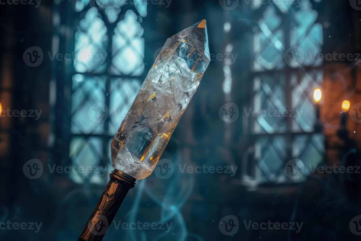 Magical crystal quartz shard in snowy forest photo