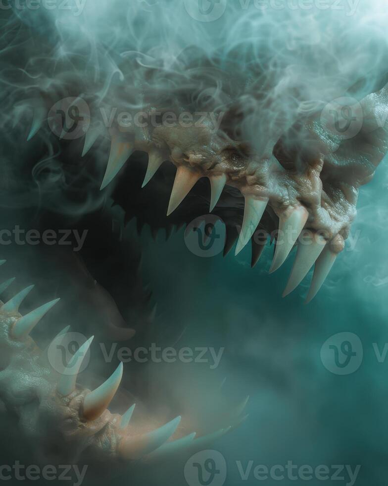 Ferocious monster teeth emerging from the mist photo