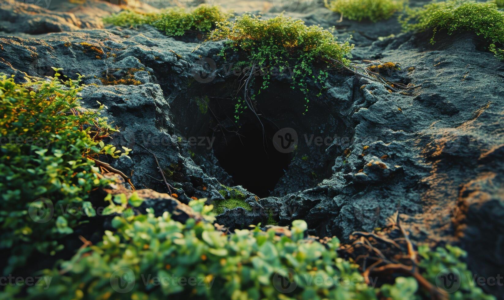 Lush green foliage surrounding a mysterious cave entrance photo