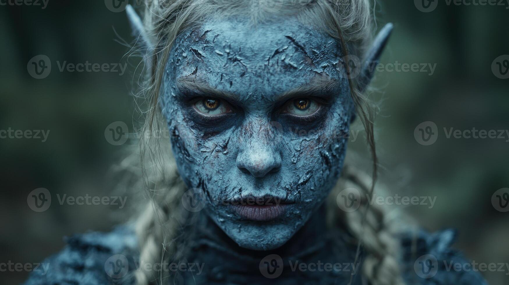 Mysterious blue skinned creature with intense eyes photo