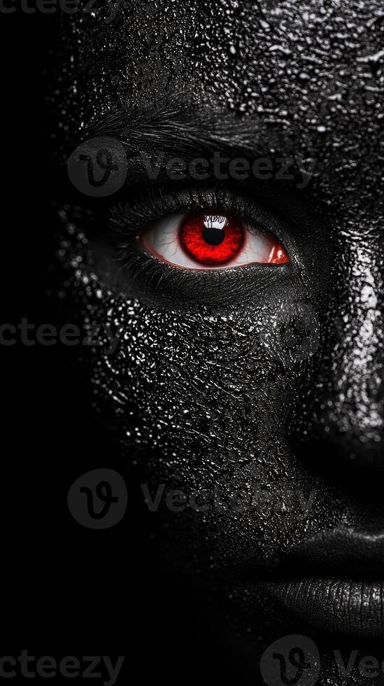 Intense red eye in dark, wet environment photo