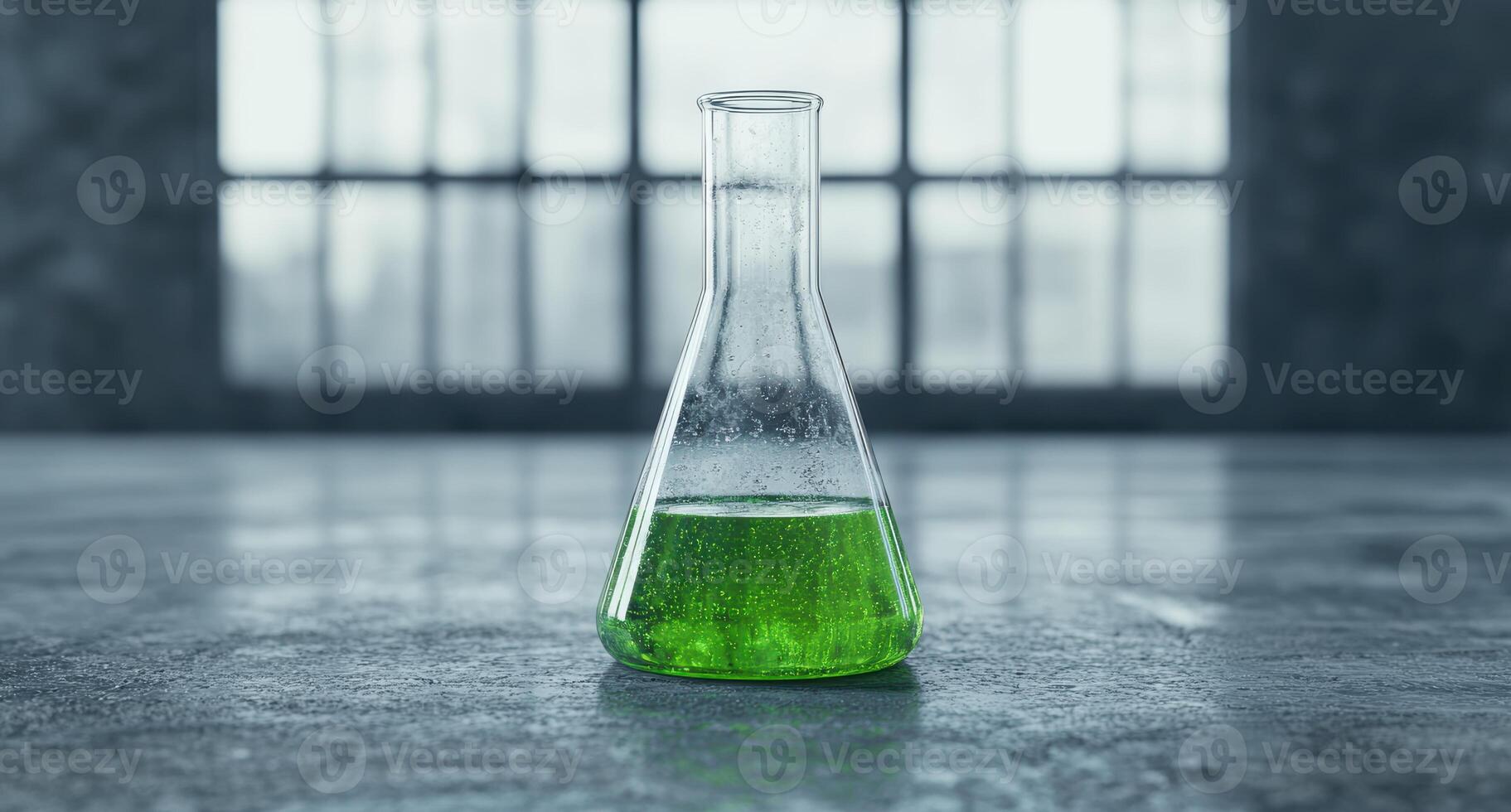 Glassware with green liquid in laboratory setting photo