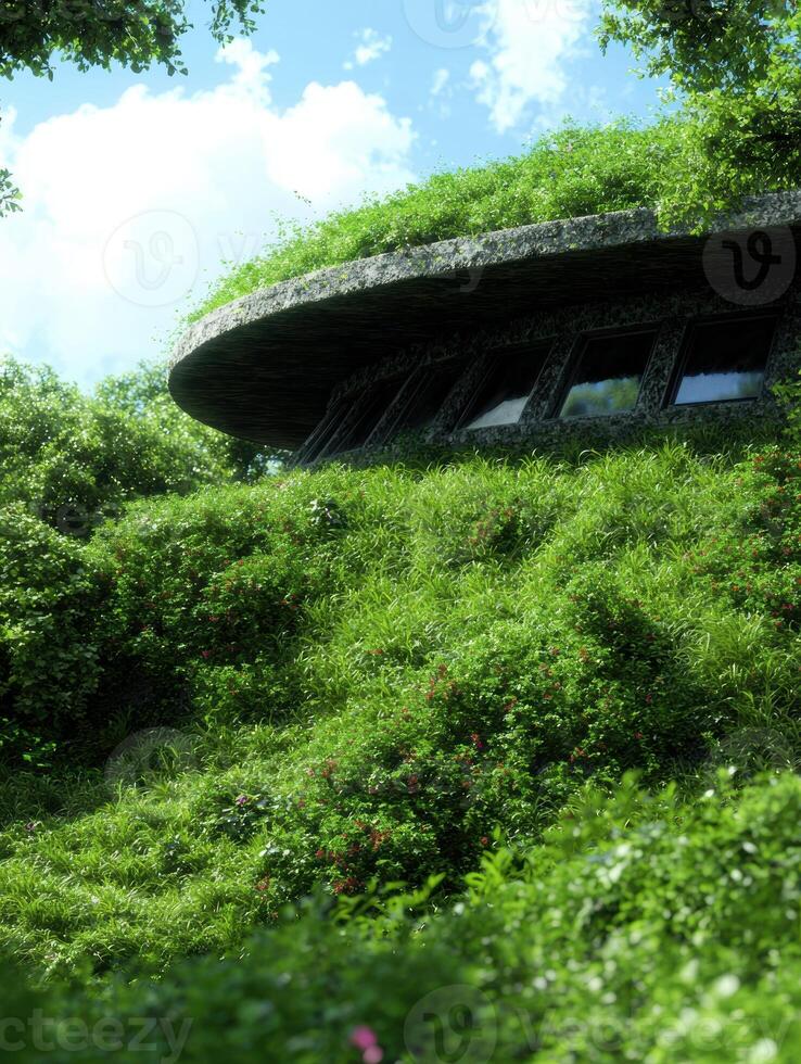 Lush green foliage surrounding a unique architectural structure photo