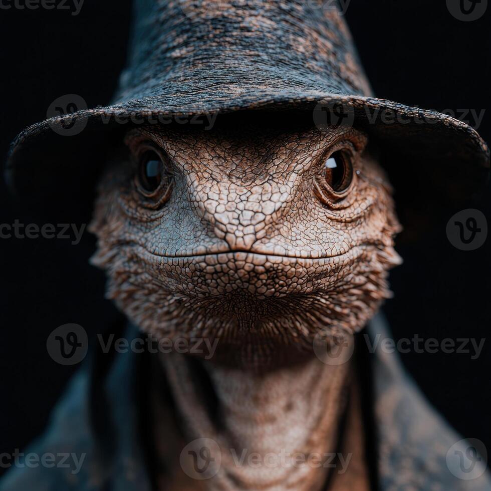 Closeup of a reptile with a hat photo