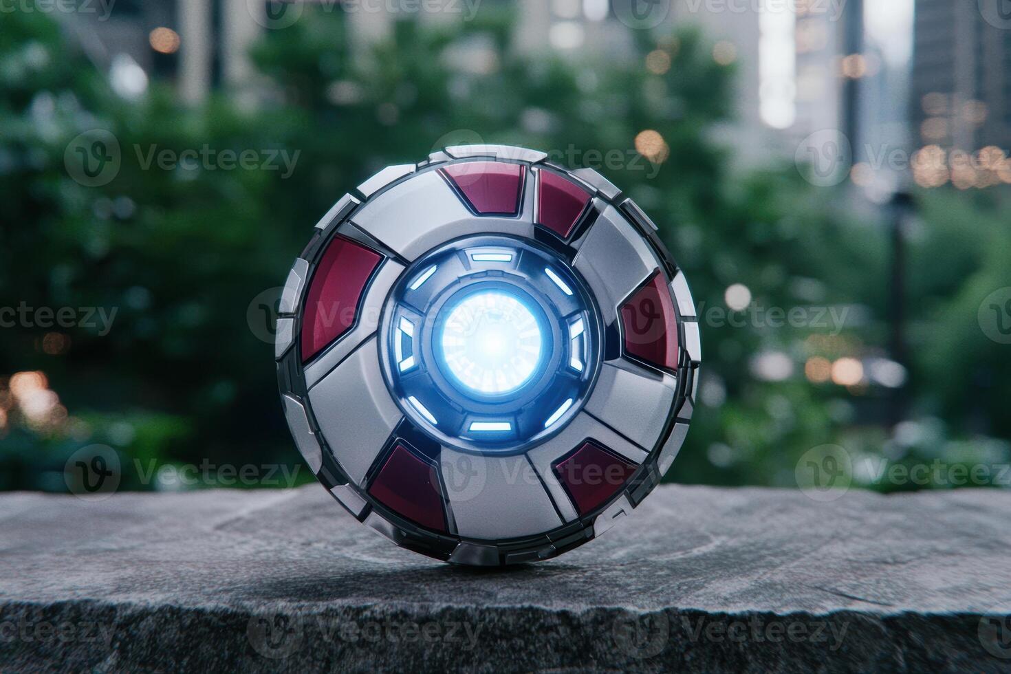 Futuristic glowing orb device on dark background photo
