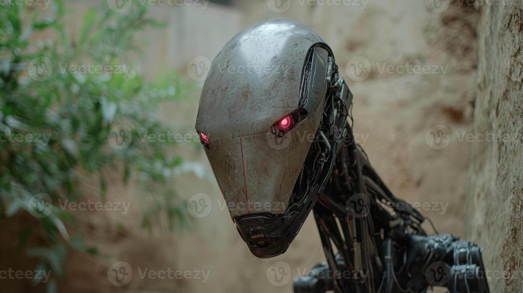 Futuristic robot with glowing red eyes photo