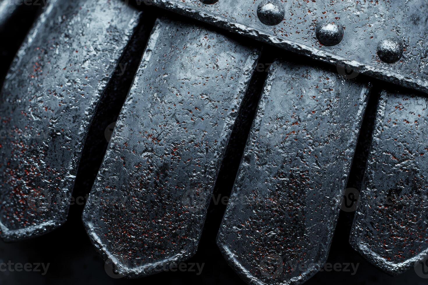 Closeup of a dark, textured metal surface with rivets photo