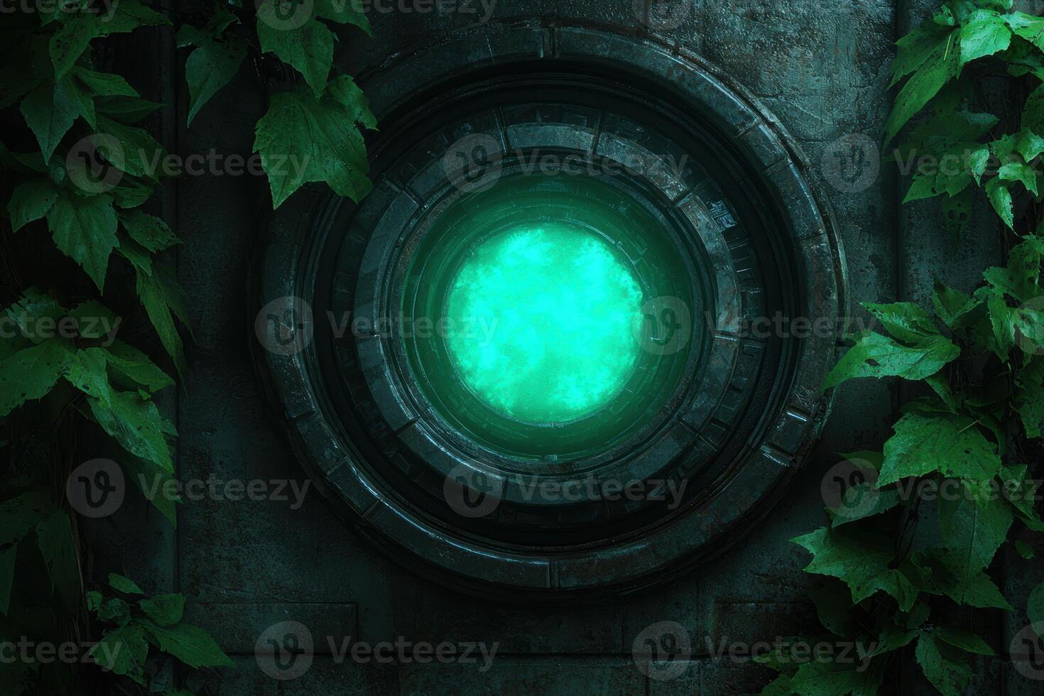 Mysterious glowing portal in dark forest photo