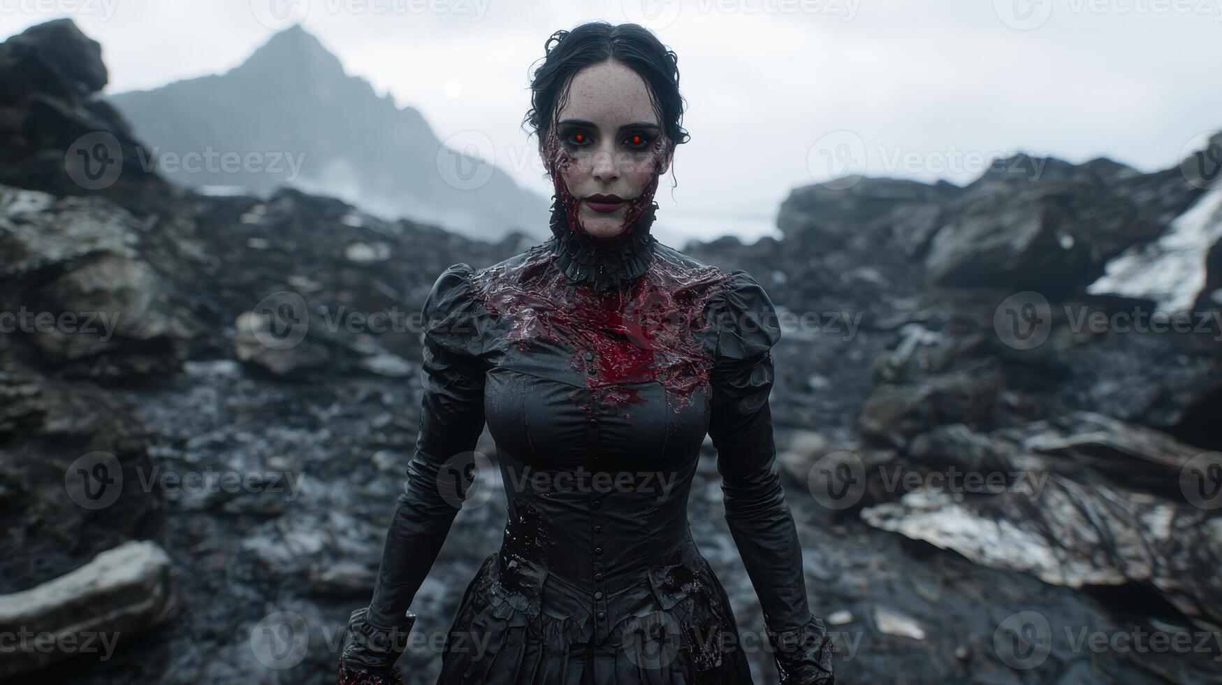 Haunting gothic figure in dark landscape photo