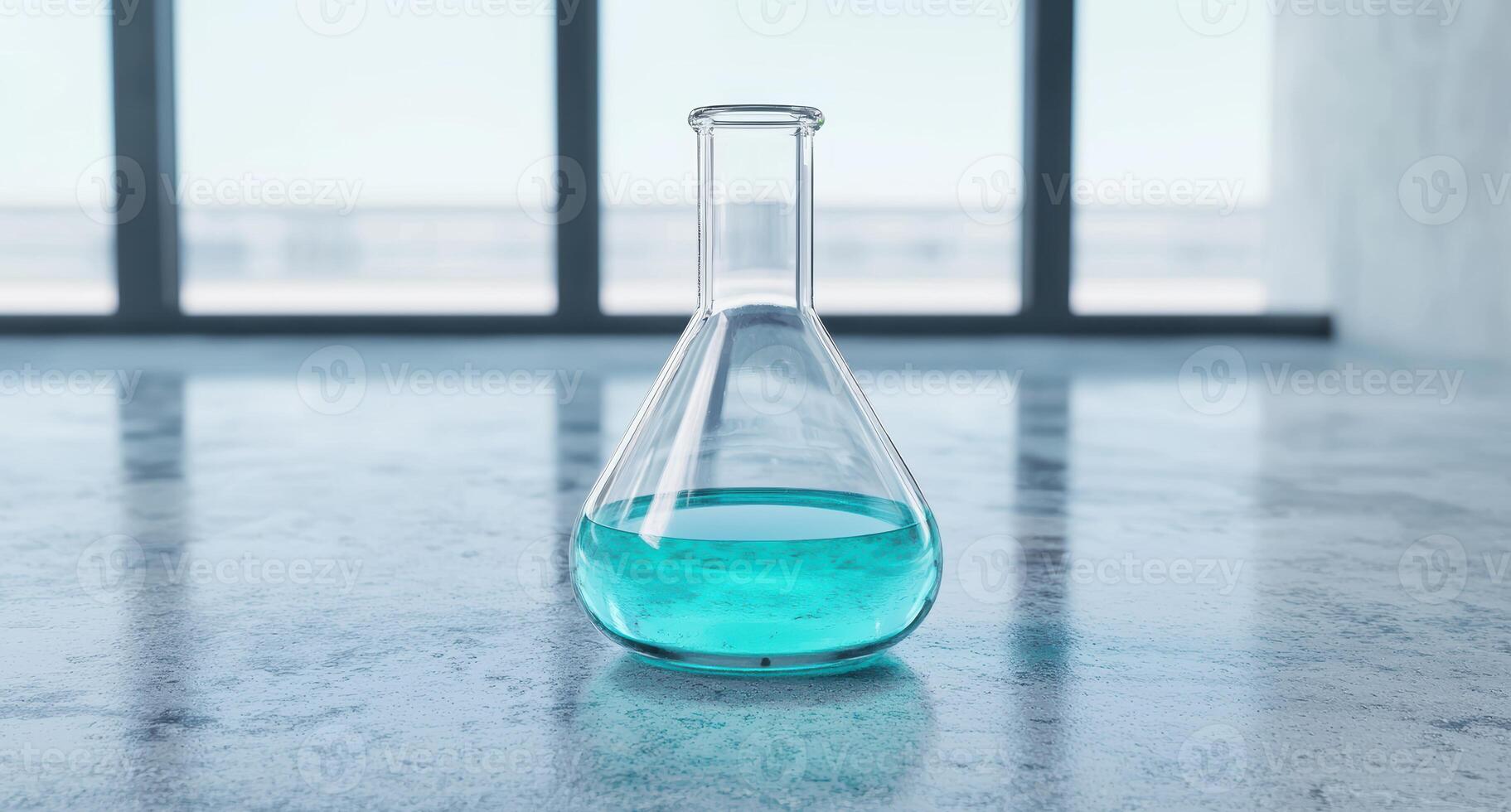 Beaker with teal liquid in laboratory setting photo