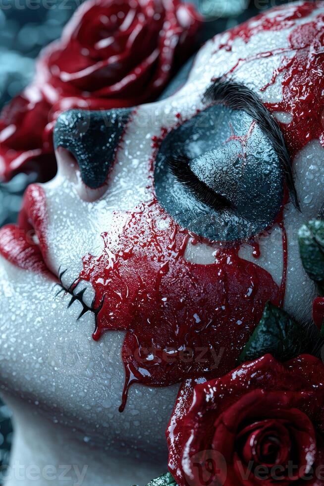 Dramatic close up of a red rose covered in water droplets photo