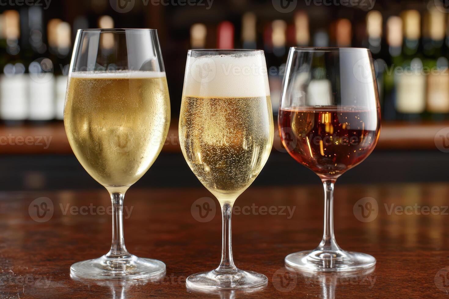 Assortment of alcoholic beverages in glasses photo
