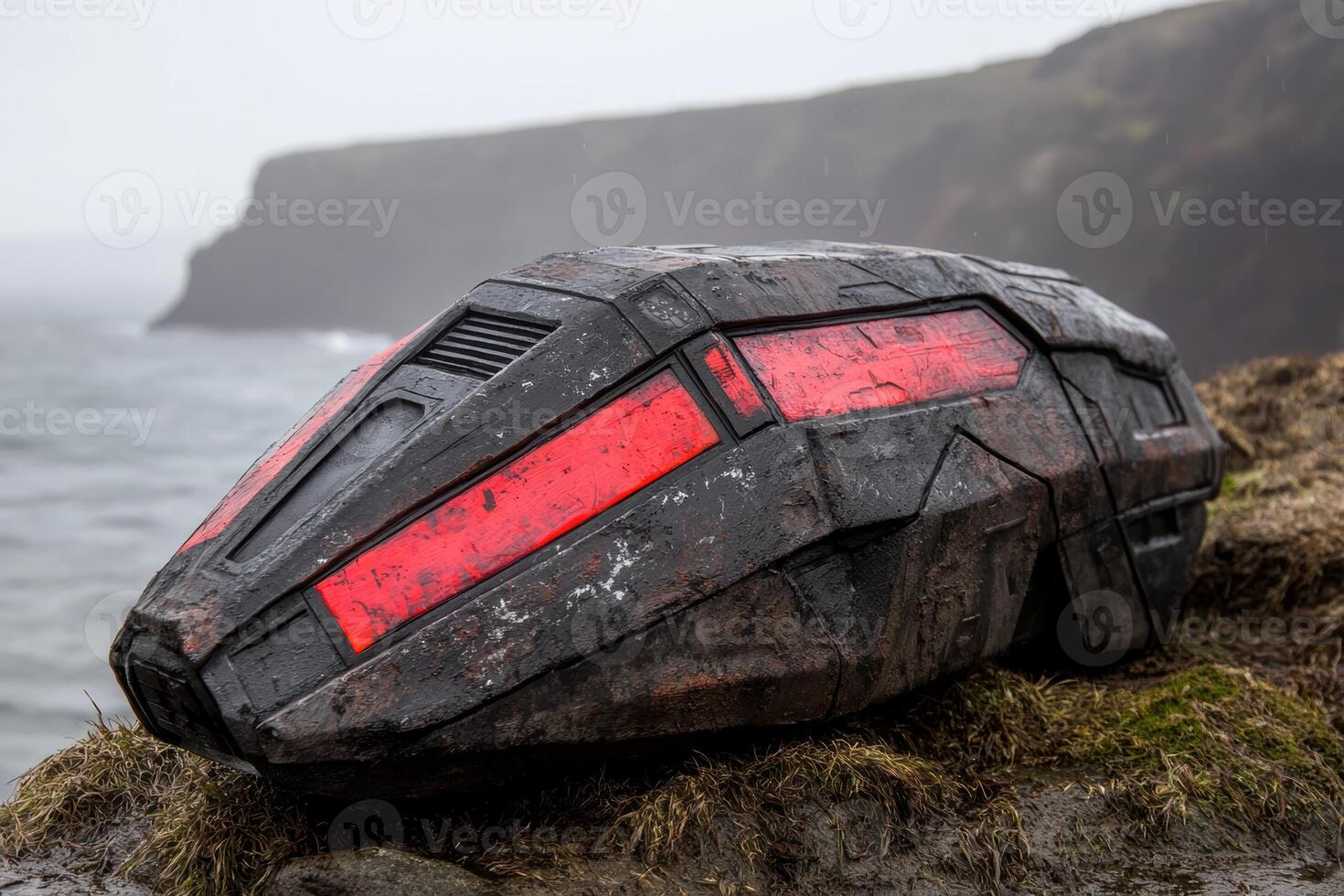 Futuristic spacecraft like object on a grassy cliff overlooking the ocean photo