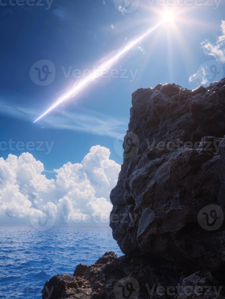 Dramatic rocky coastline with sunbeam in the sky photo