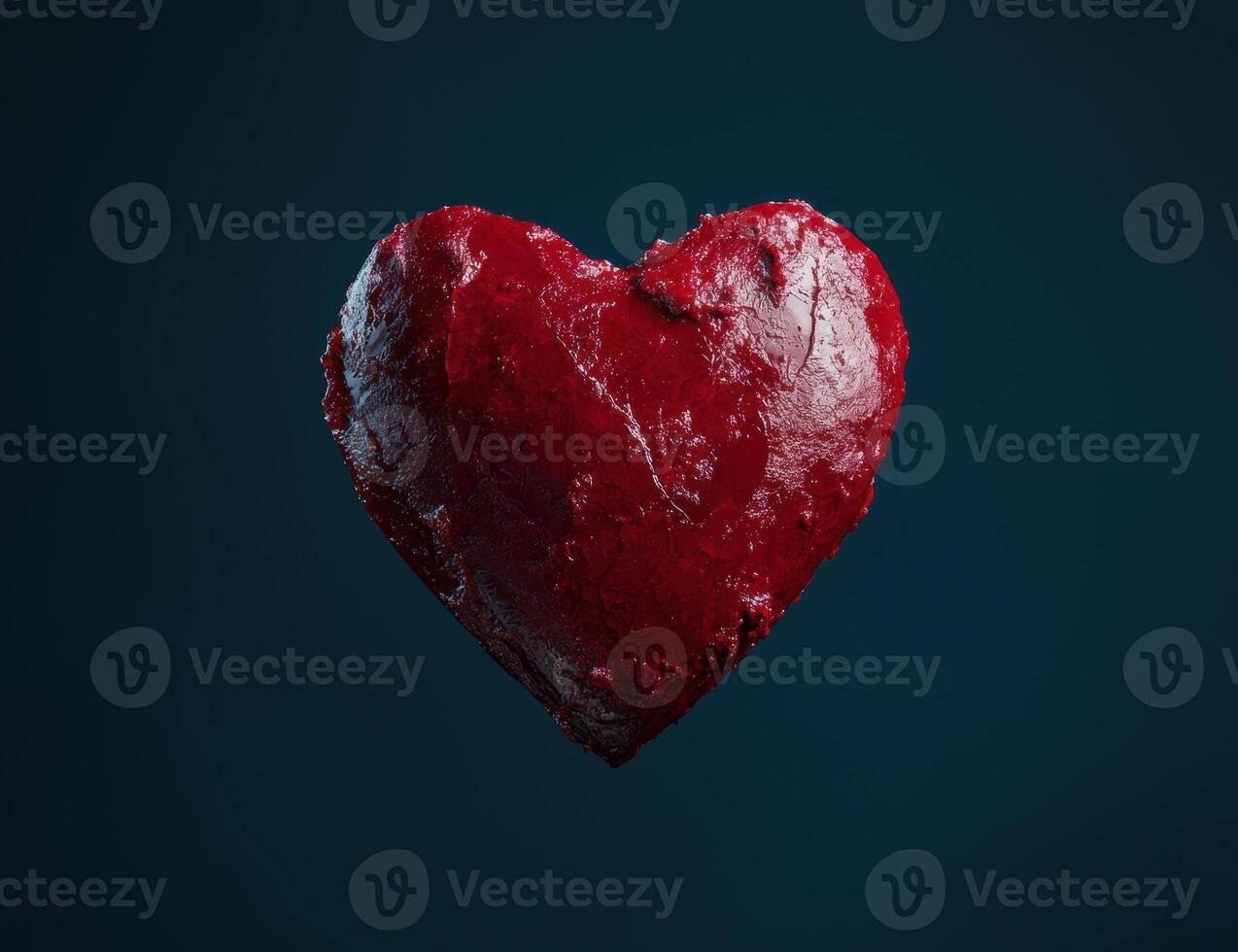 Vibrant red heart shaped rock on dark background photo