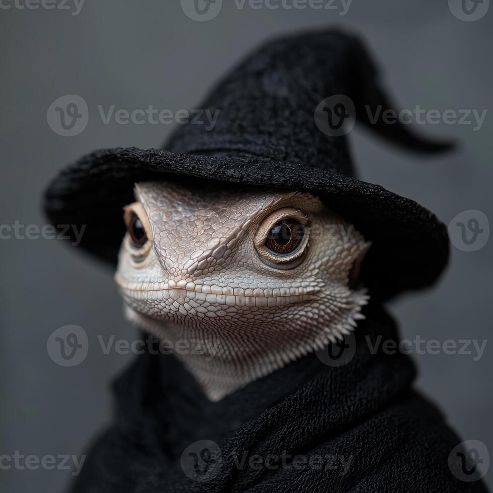 Mysterious lizard in a black hat photo