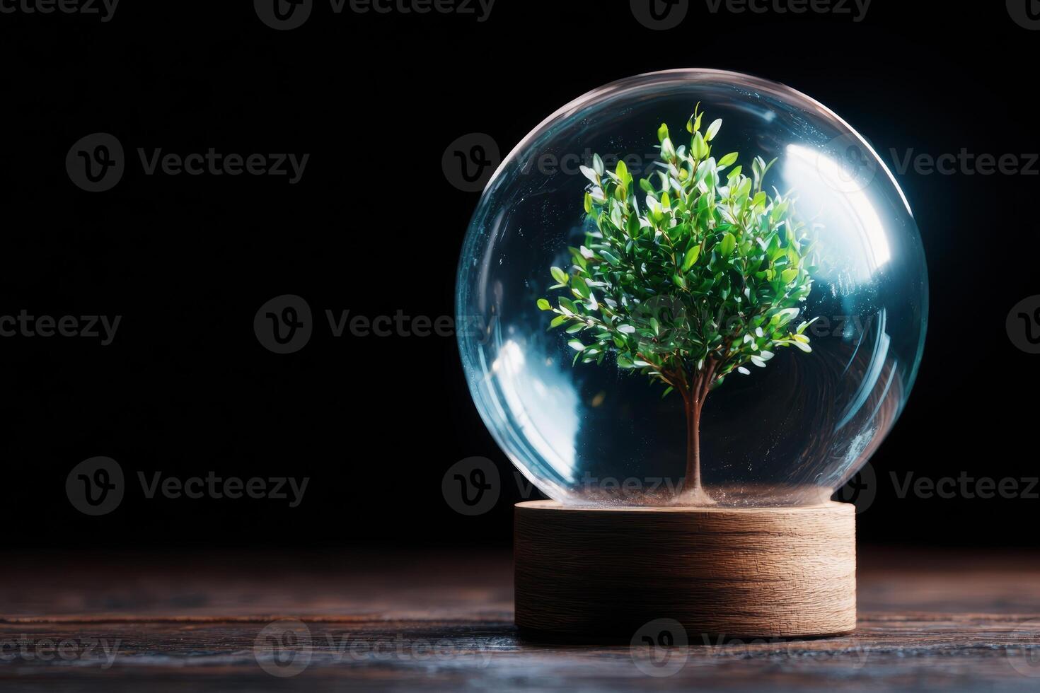Miniature tree in glass globe on wooden surface photo
