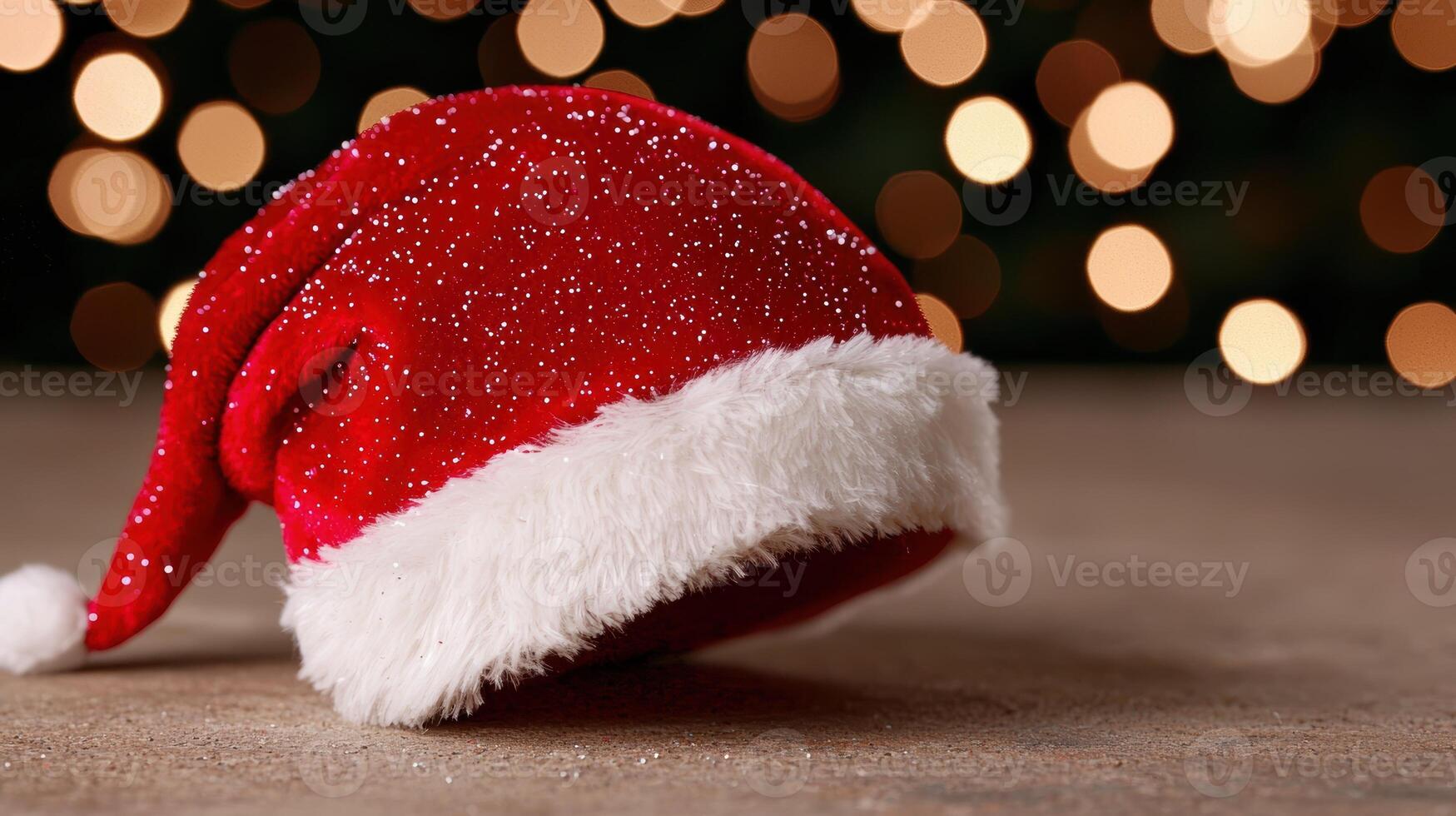 Sparkling red santa hat on a wooden surface with blurred holiday lights photo