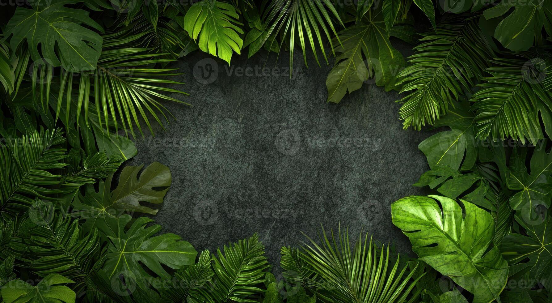 tropical leaves frame on dark background photo