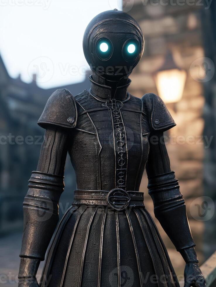 Mysterious robot figure with glowing eyes in a dark setting photo