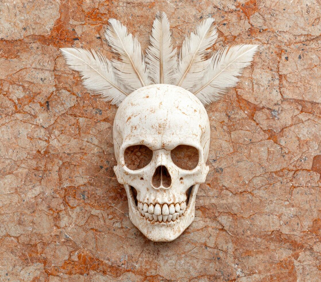 Skull with feathers on rustic background photo