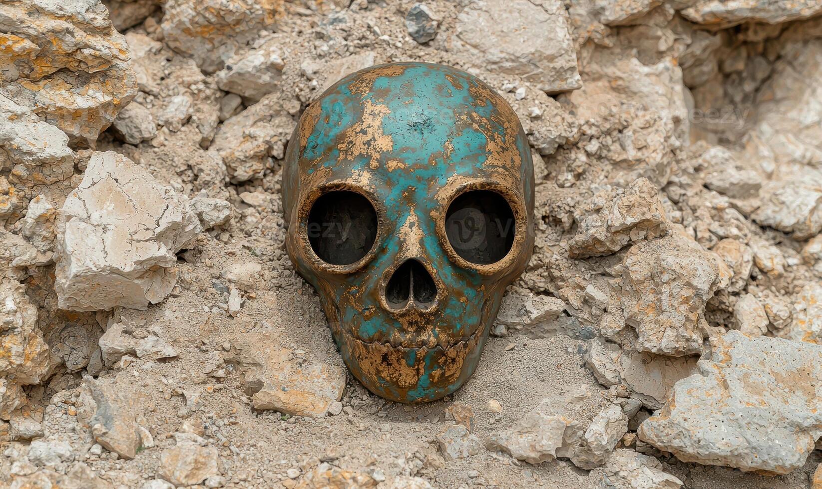 Weathered skull sculpture on rocky surface photo