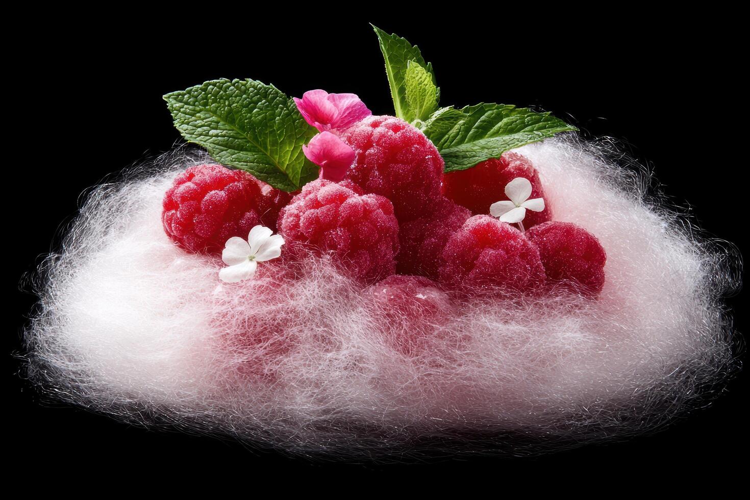 Sugary red raspberries with mint leaves and white flowers on a fluffy pink background photo