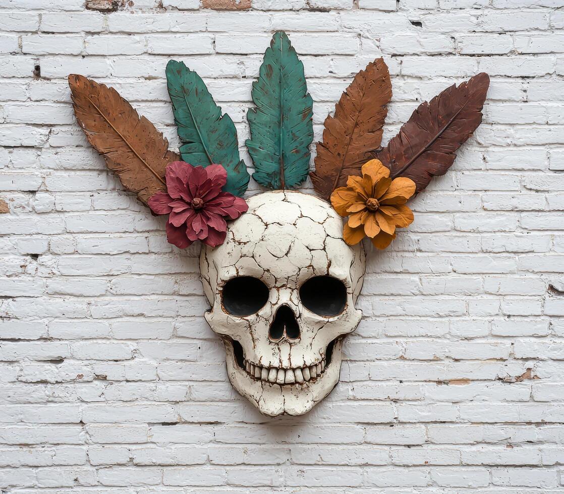 Decorative skull with feathers and flowers photo