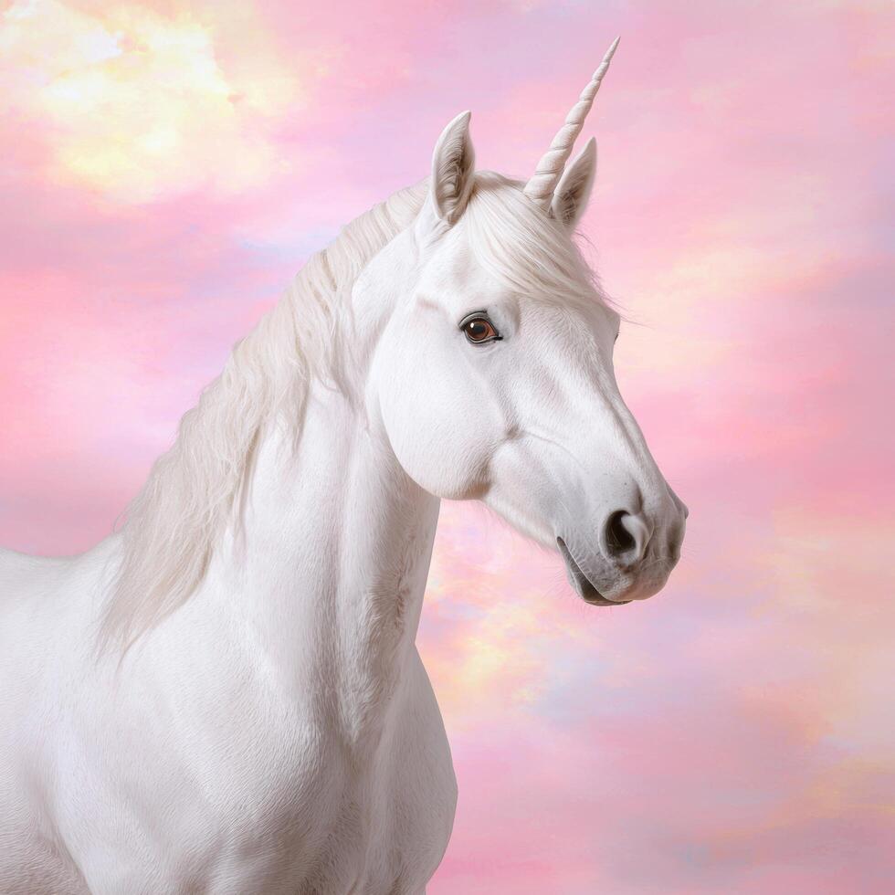 Majestic white unicorn against pink sky photo