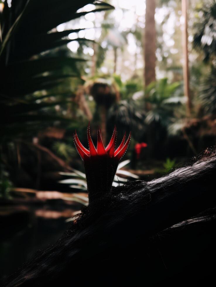 Vibrant red flower in tropical jungle photo