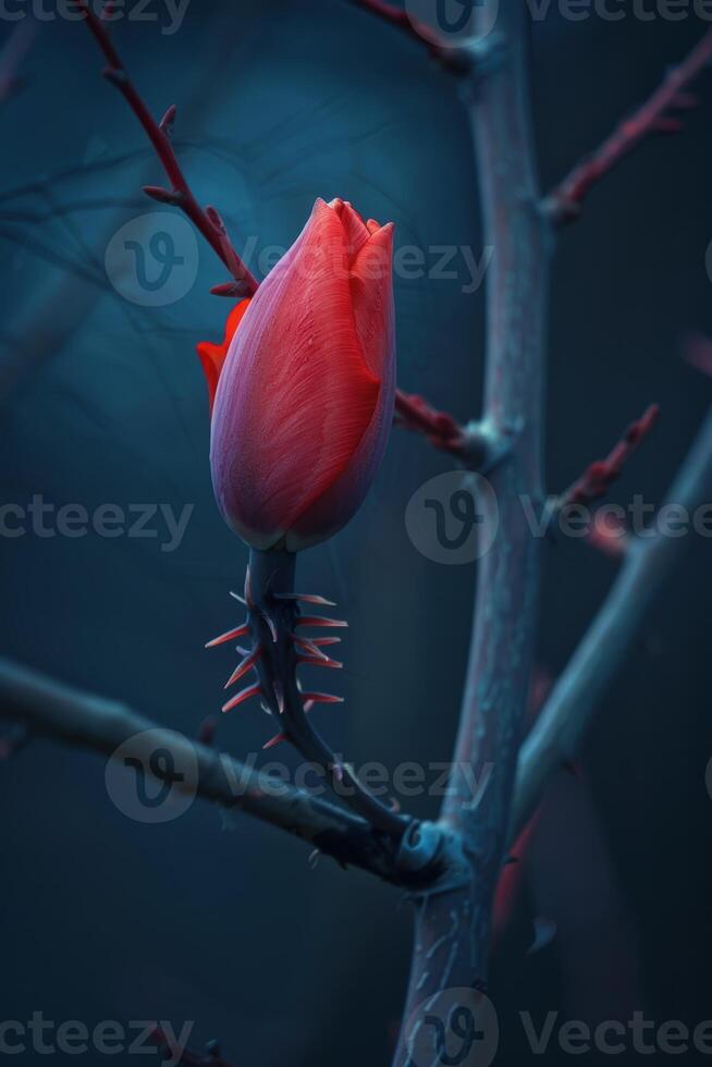 Vibrant red tulip bud with thorns photo