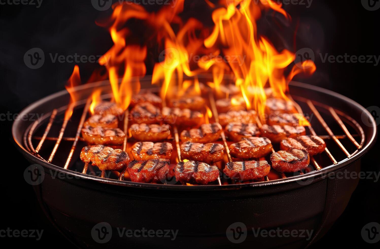 Grilled meat on a flaming barbecue photo