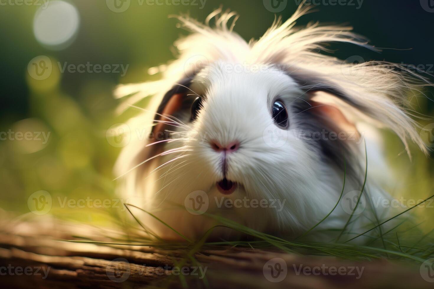 Fluffy white rabbit in nature photo